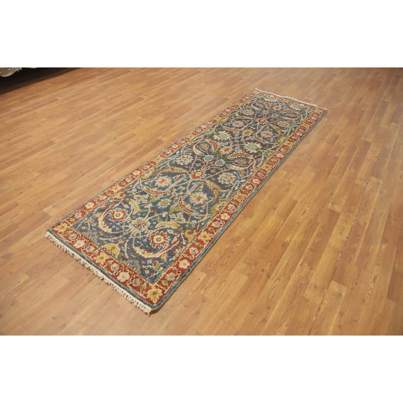 Hand-knotted Transitional Wool Carpet Grey Oushak Rug Floral Oriental Area Rug - 8' 0'' X 2' 7''