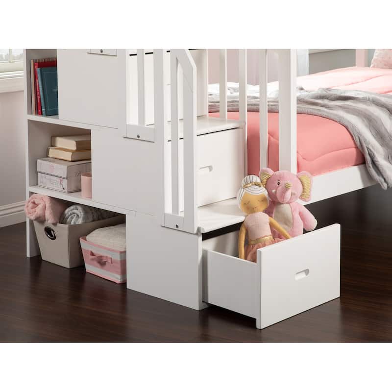 AFI Westbrook Twin over Twin Size Staircase Bunk Bed with Bed Drawers & Charging Station in White