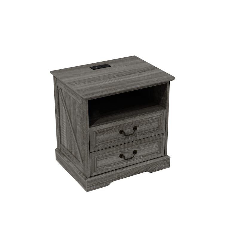 Farmhouse Nightstand with 2 Drawers, Open Shelf & Power Port, Rustic Bedside Table, Antique Brass Handles, White/Grey