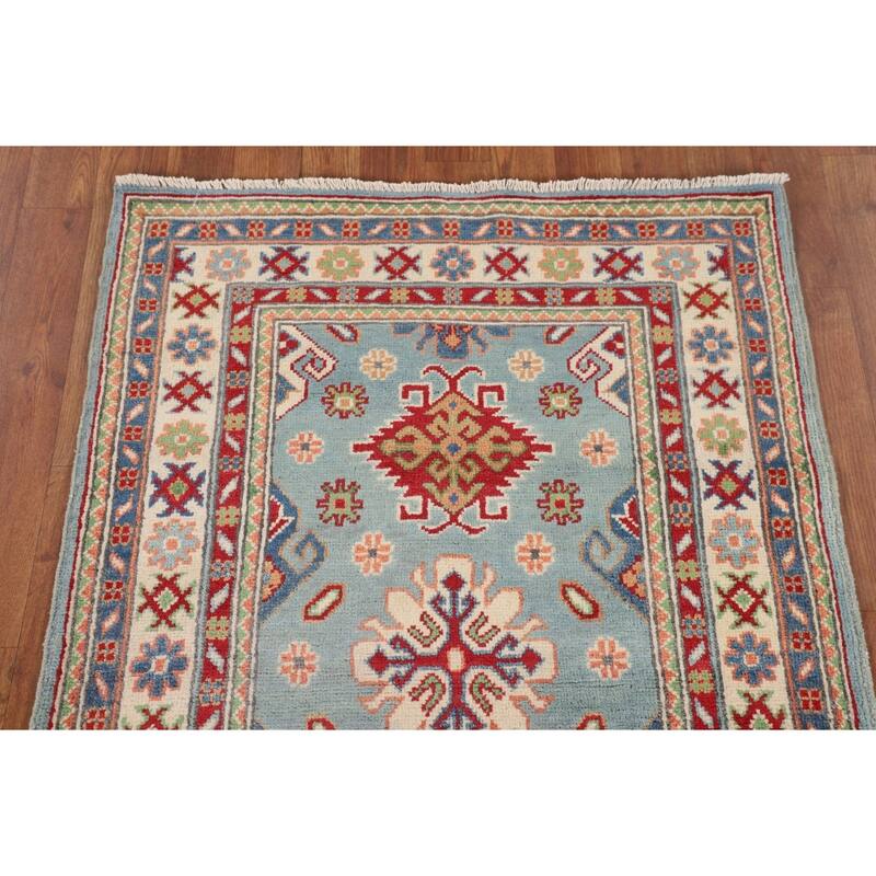 Light Blue Kazak Oriental Foyer Rug Handmade Geometric Wool Carpet - 2'8" x 4'0"