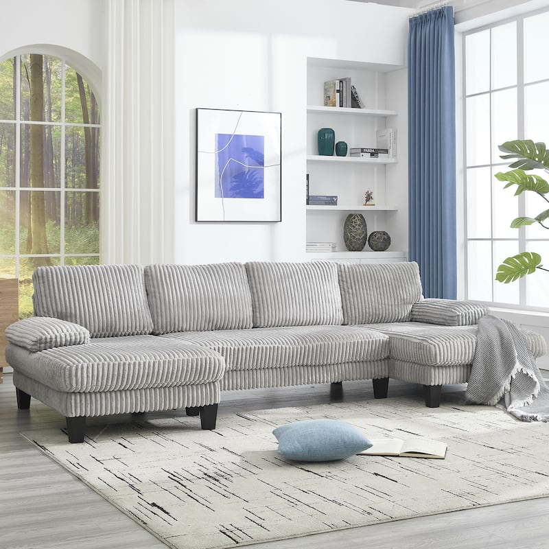 Symmetrical Corduroy Double Chaise Couch U-shaped Sectional Sofa