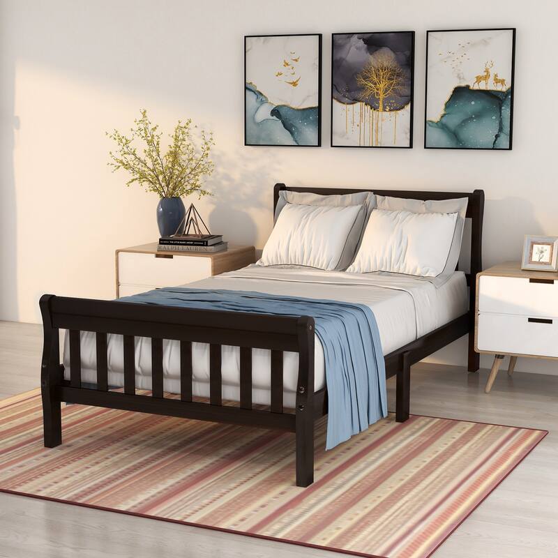 Roomfitters Twin Wood Platform Bed with Headboard and Footboard, Sleigh Style, Espresso - Espresso