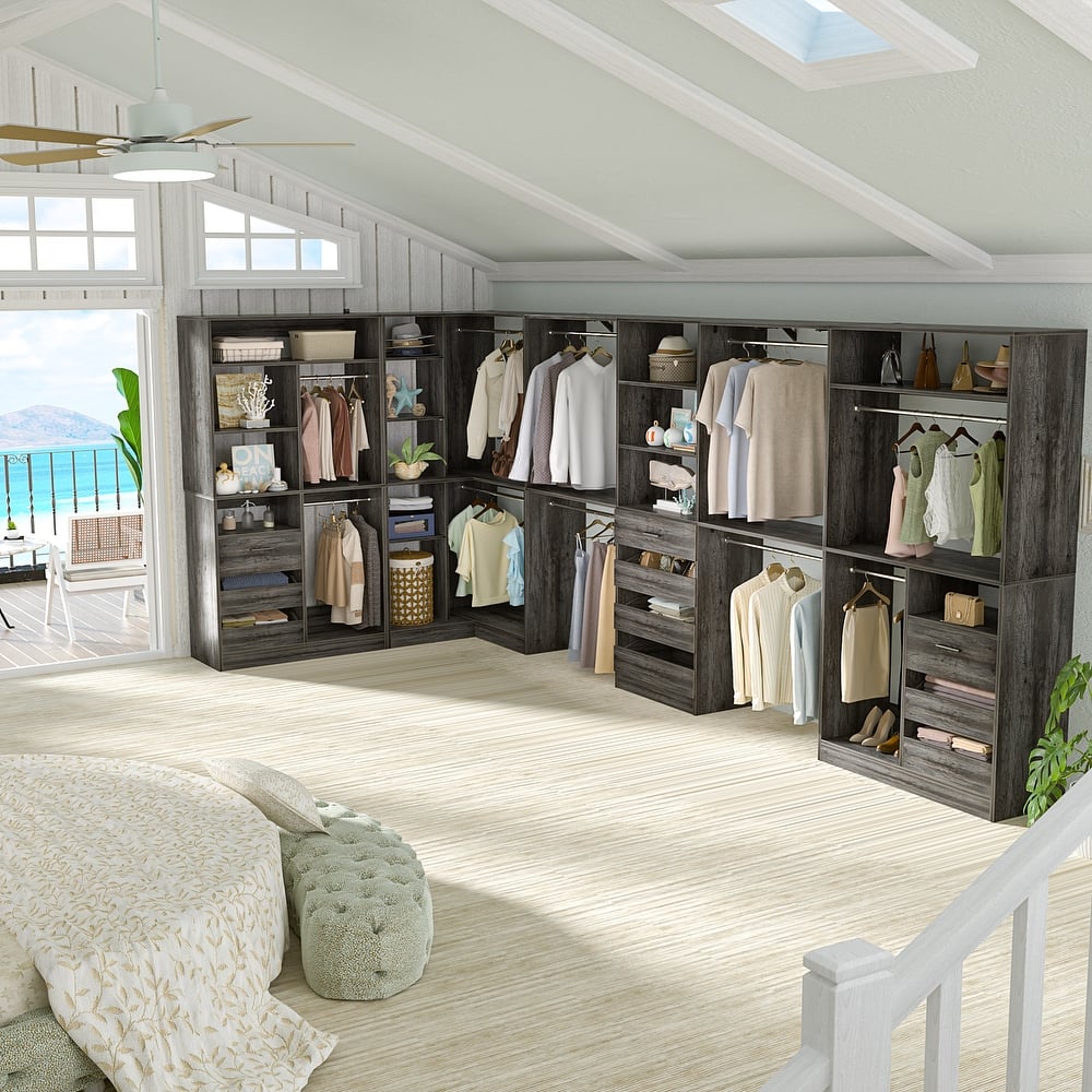 Qvella 72''-204'' Corner Closet System with 10 Wooden Drawers and 10 Hanging Rods, Walk-in Closet Organizer Wardrobe Rack