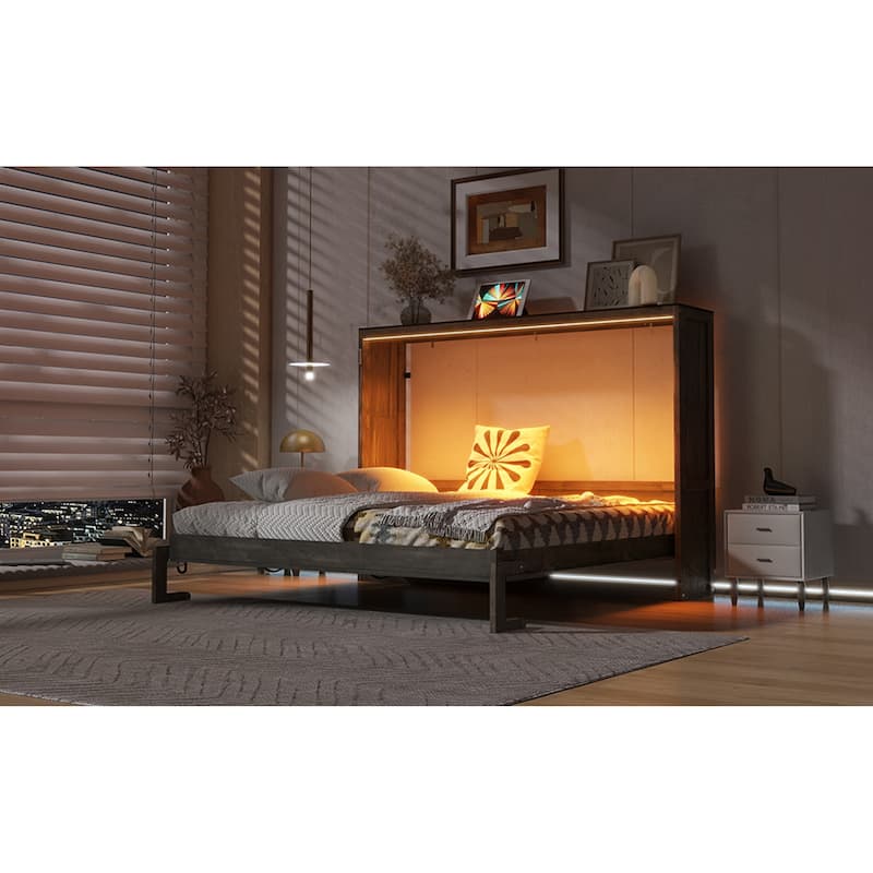 Roomfitters Full/Queen Size Murphy Bed with Desk, LED Light and Hydraulic Lift, Cabinet Design