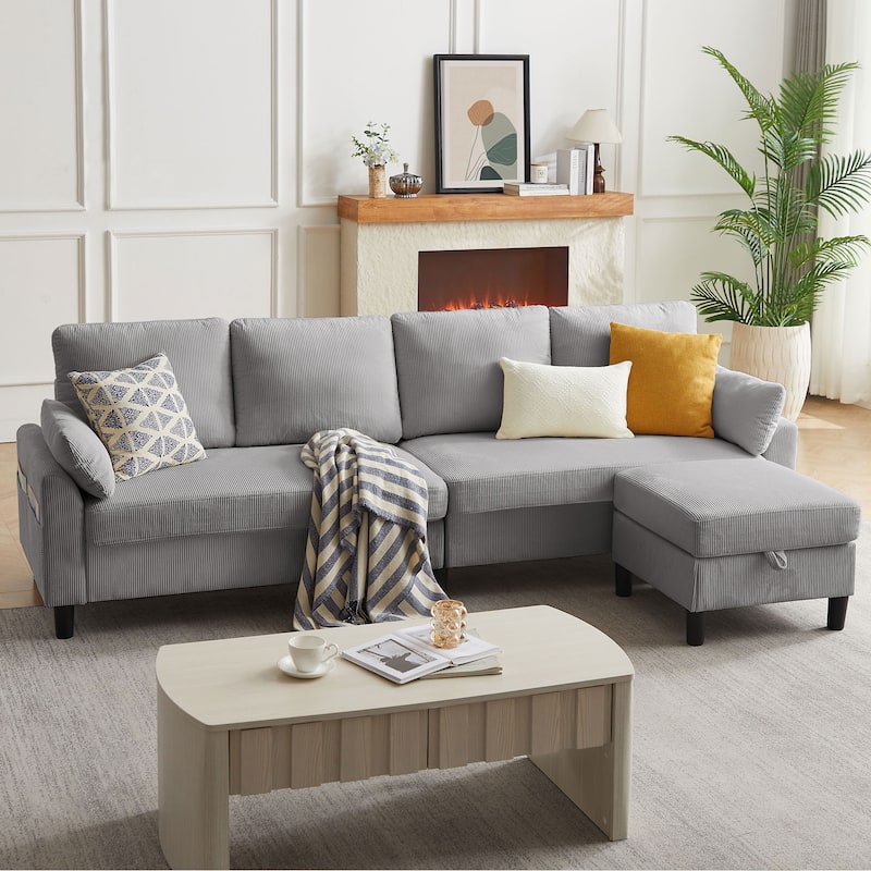 100.79" Corduroy L shaped Pillow Top Arm Sofa With Storage Bag