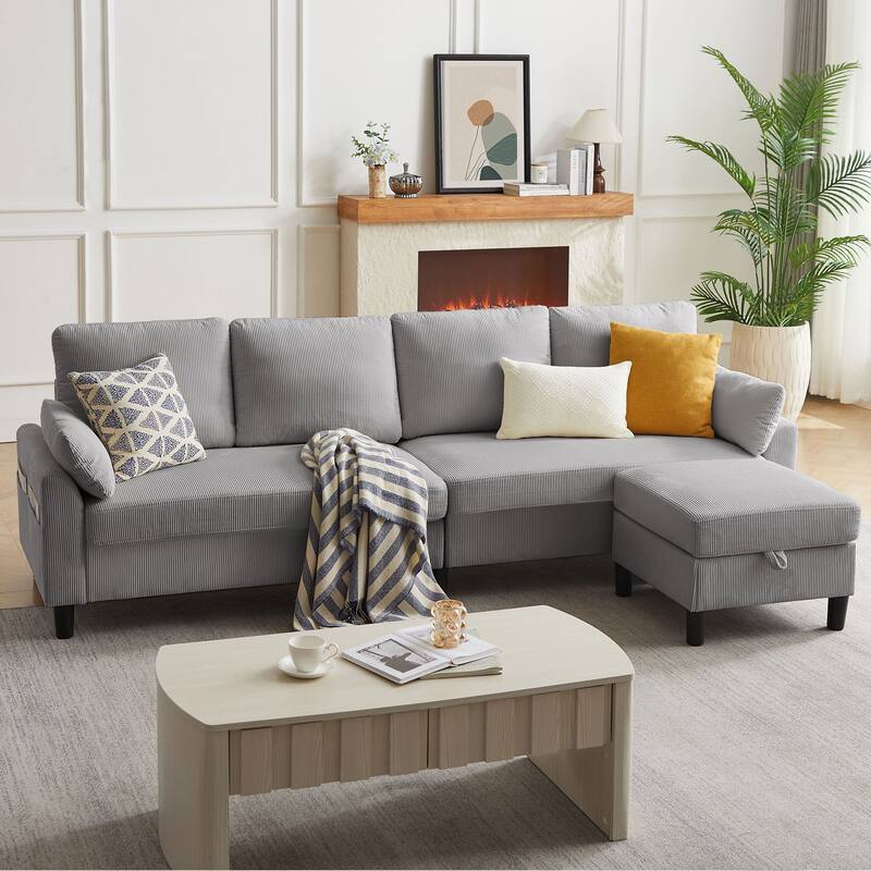 101" Corduroy U Shaped Sectional Sofa with Storage Ottoman
