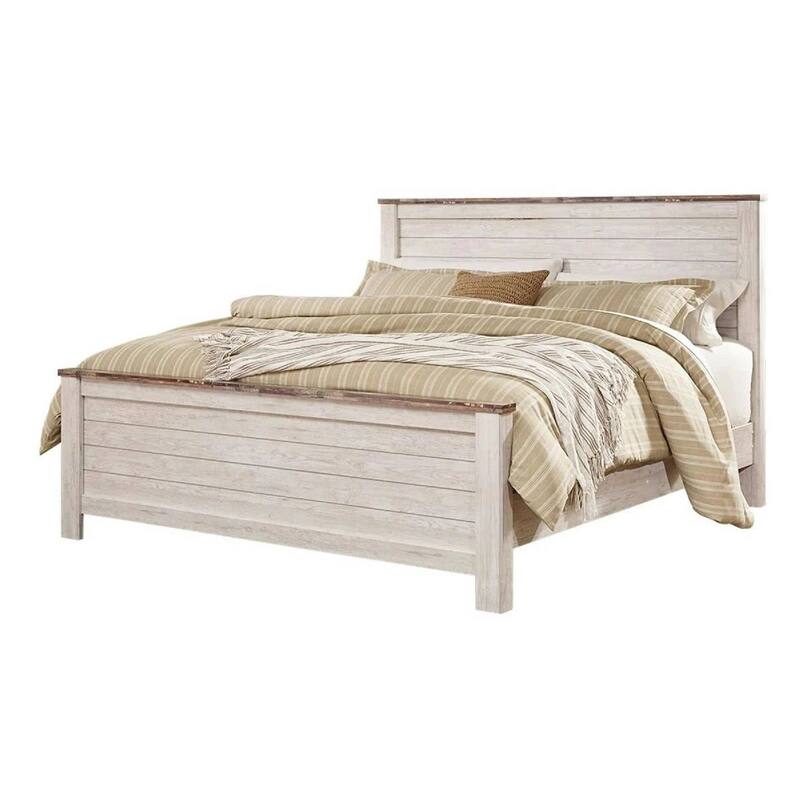 Isla King Panel Bed, Faux Planks Block Pattern, Whitewash & Brown Wood
