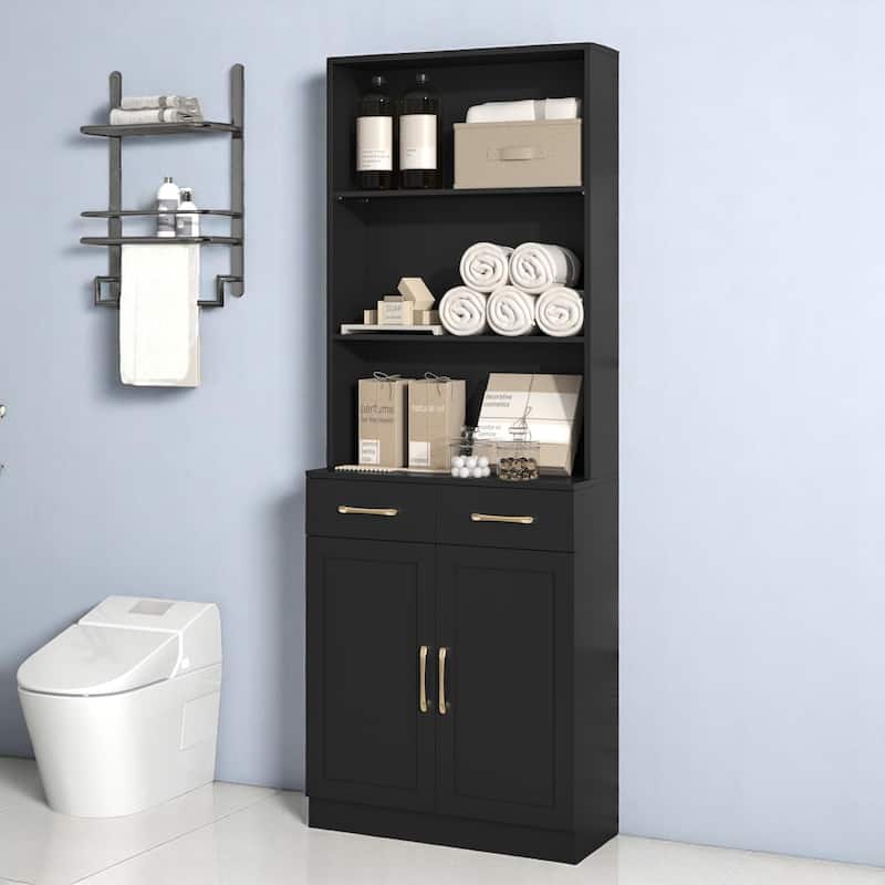 70" Freestanding Storage Cabinet for Bathroom with Drawers, Doors & Adjustable Shelf, Water-Resistant MDF Design - Black