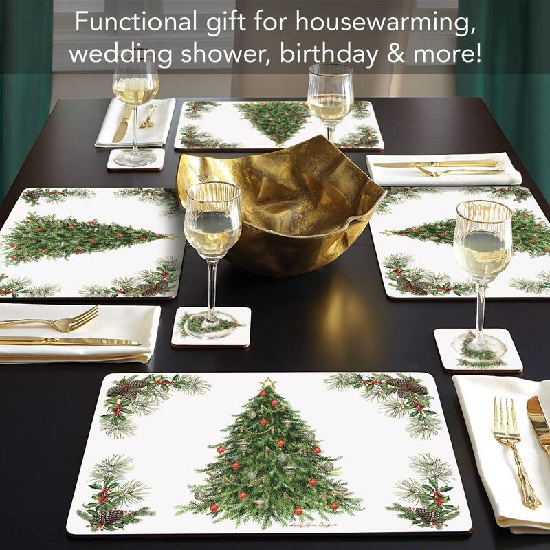 Christmas Tree Premium Decorative Hardboard Cork Back Tabletop Placemats 4 Pack Manufactured in The USA Heat Tolerant