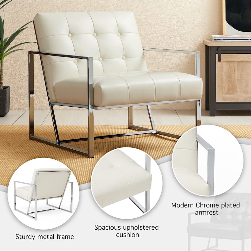 Glitzhome 30.50"H Cream Mid-Century PU Leather Tufted Accent Chair with Chrome Plated Frame