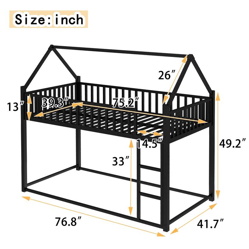 Roomfitters Metal Twin House Bed Frame with Guardrails & Detachable Slats, Convertible Floor to Loft Design, Black