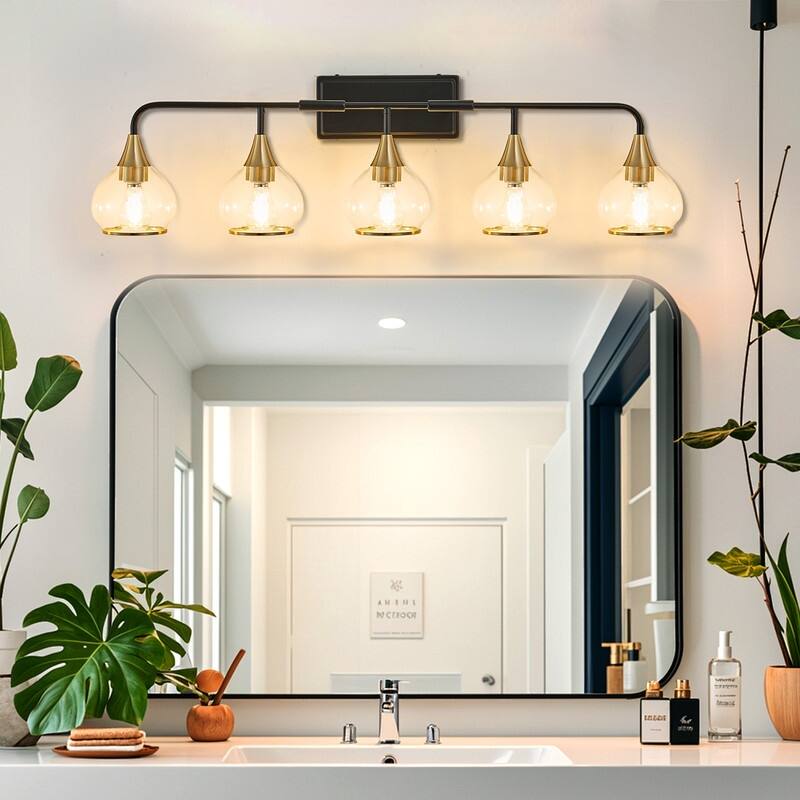 Modern Black and Gold Vanity Wall Sconce with Clear Glass Shades Industrial Bathroom Light Fixture (Bulb Not Included) - 5-Lights