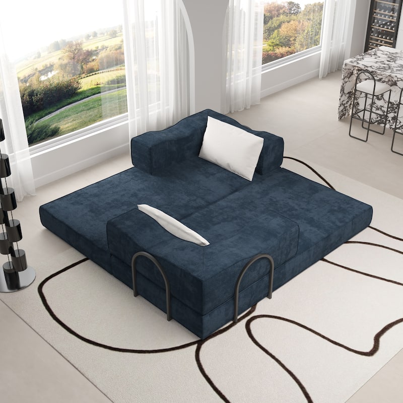 80" Convertible Sofa Bed with 2 Pillows, 2-Seat Folding Floor Couch, Multifunctional Chenille Loveseat Living Room Sleeper Sofa