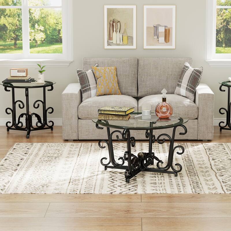 Anmytek 3 Piece Modern Space Saving Coffee Table Set with 2 End Tables Tempered Glass Top Sturdy Metal Frame