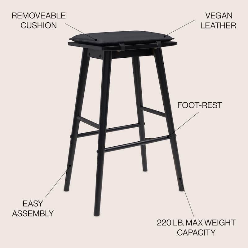 Saddle-Seat Solid Wood/Vegan Leather Backless Stool with Removeable Cushion, By JONATHAN Y