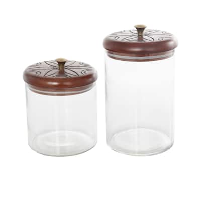 Glass Floral Carved Decorative Jars with Brown Wooden Lids and Gold Knobs - Set of 2 Clear - Roche River Decor - 5"W x 5"L x 9"H