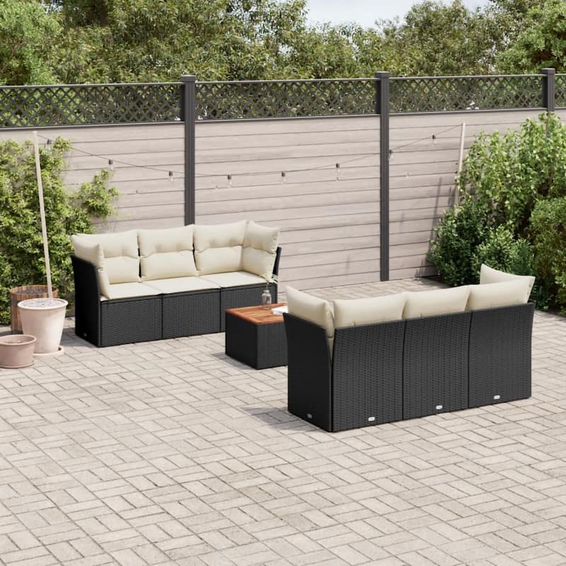 vidaXL Patio Sofa Set with Cushions Outdoor Furniture 7 Piece Poly Rattan - 21.7 x 21.7 x 14.6 - Black and cream