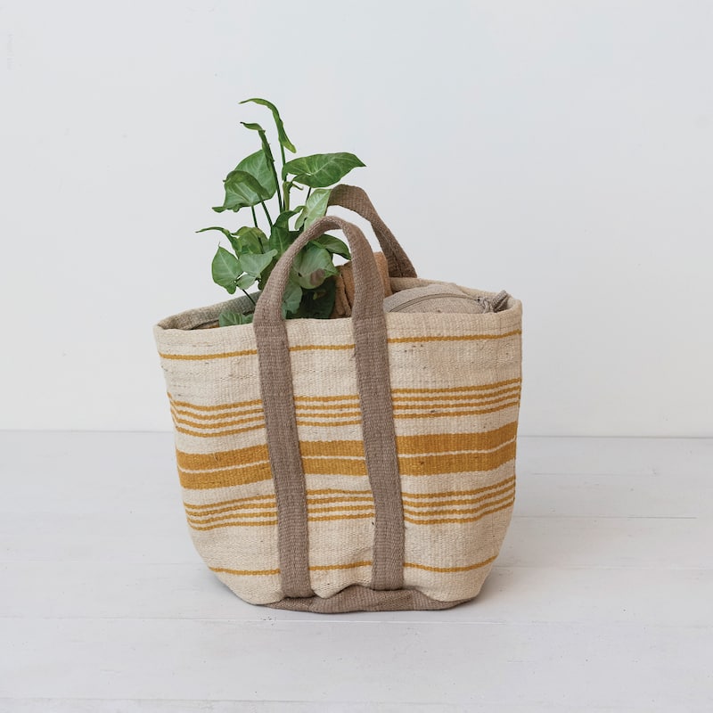 Jute and Cotton Tote Bag with Stripes and Handles - 24.0"L x 14.0"W x 17.0"H - 24.0"L x 14.0"W x 17.0"H - Multi
