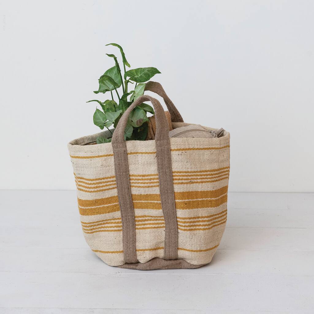 Jute and Cotton Tote Bag with Stripes and Handles - 24.0"L x 14.0"W x 17.0"H