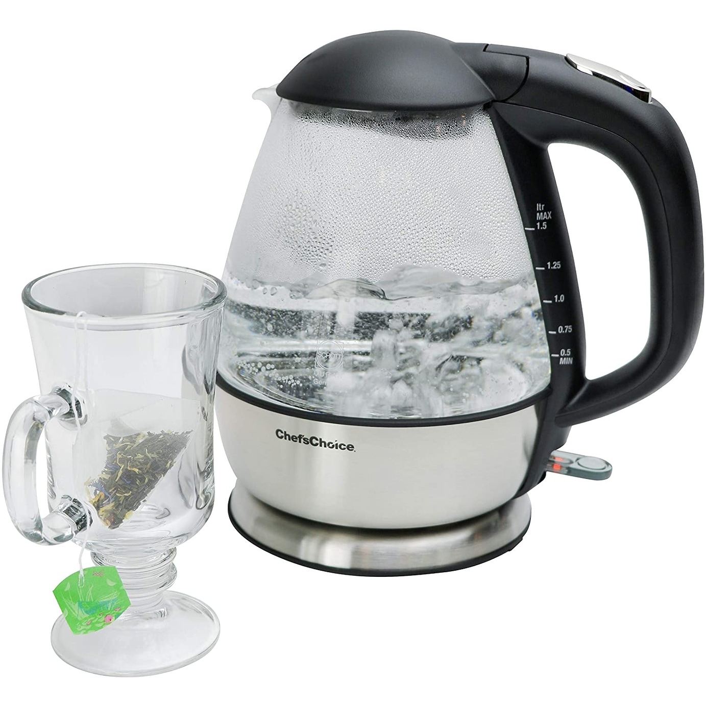 Chef'sChoice 6800001 Cordless Electric Glass Kettle In Brushed Stainless Steel Includes Illuminated On Off Switch Auto Shut Off