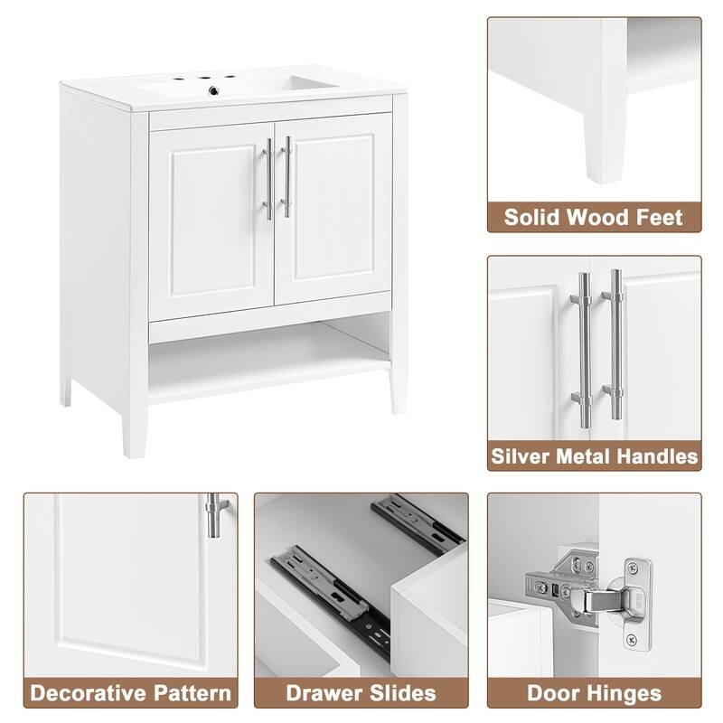 30" Bathroom Vanity with Sink, Multi-functional Bathroom Cabinet with Doors and Drawers, Solid Frame and MDF Board