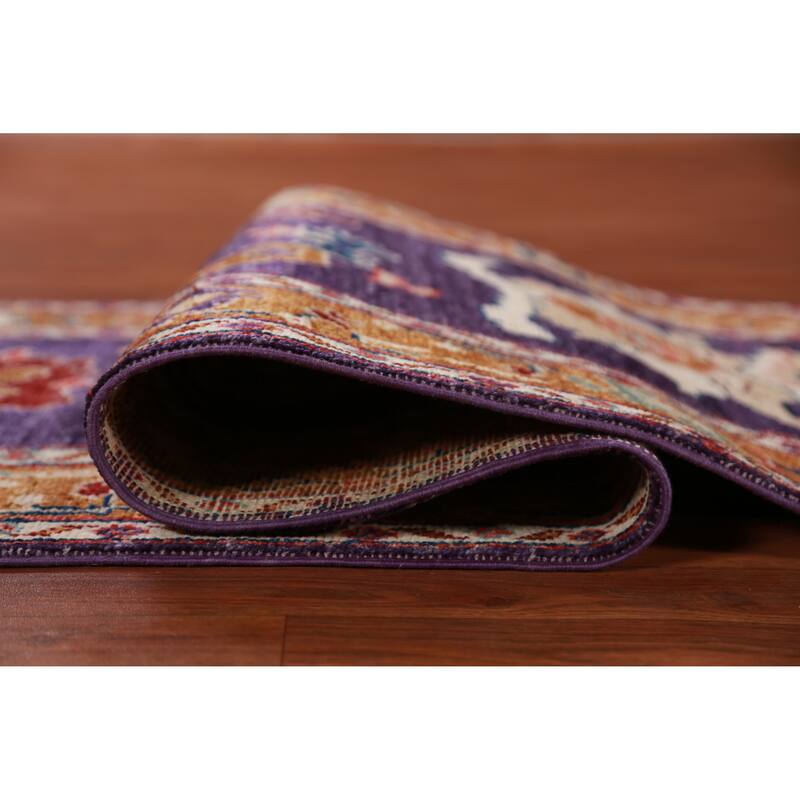 Hand Knotted Oriental 100% Wool Carpet Transitional Floral Purples Oushak Runner Rug - 9' 11'' X 2' 8''