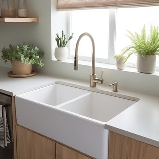 Turner Crisp White Fireclay 33" Double Bowl Farmhouse Apron Front Undermount Kitchen Sink and Drains