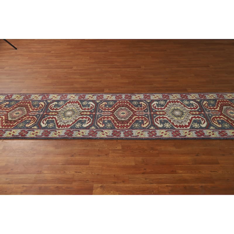 Hand Knotted Oriental 100% Wool Carpet Traditional Geometric Navy Blue & Blues Heriz (serapi) Runner Rug - 9' 10'' X 2' 6''