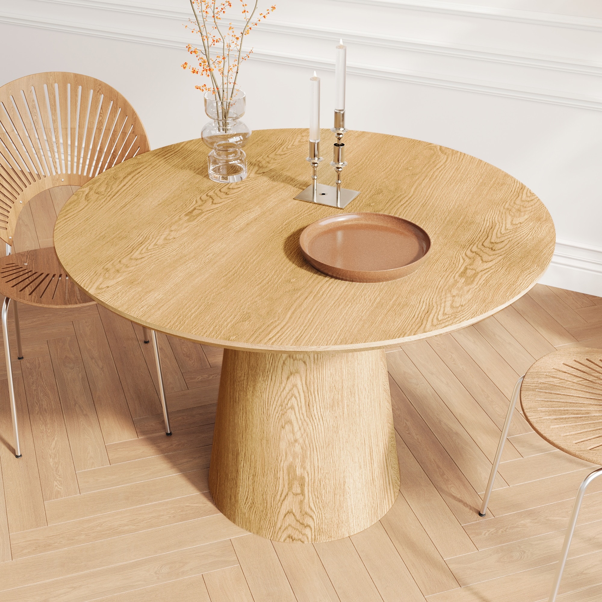Modern Round Dining Table 43 Inch MDF Wood Grain Minimalist Design