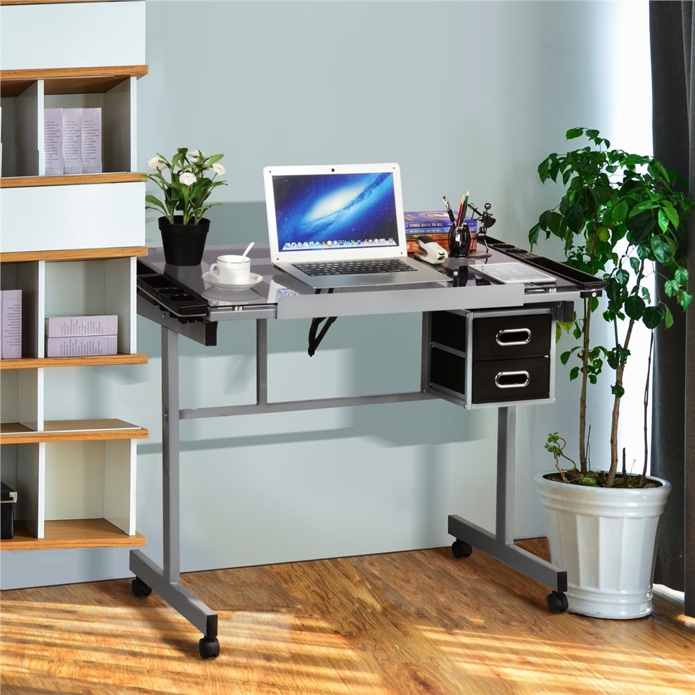 Yaheetech Black Computer Cart Desk Mobile Height Adjustable Workstation on Wheels Rolling Home Office Desk 