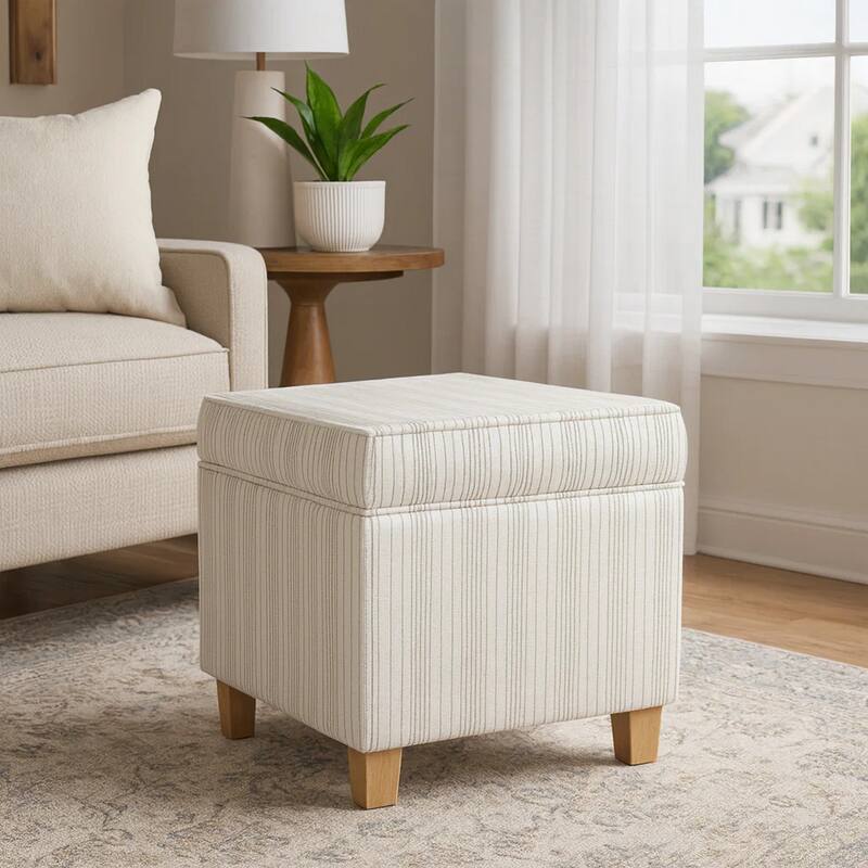 Pyp Square Storage Ottoman, 18 Inch Ivory Pinstripe Fabric, Brown Legs