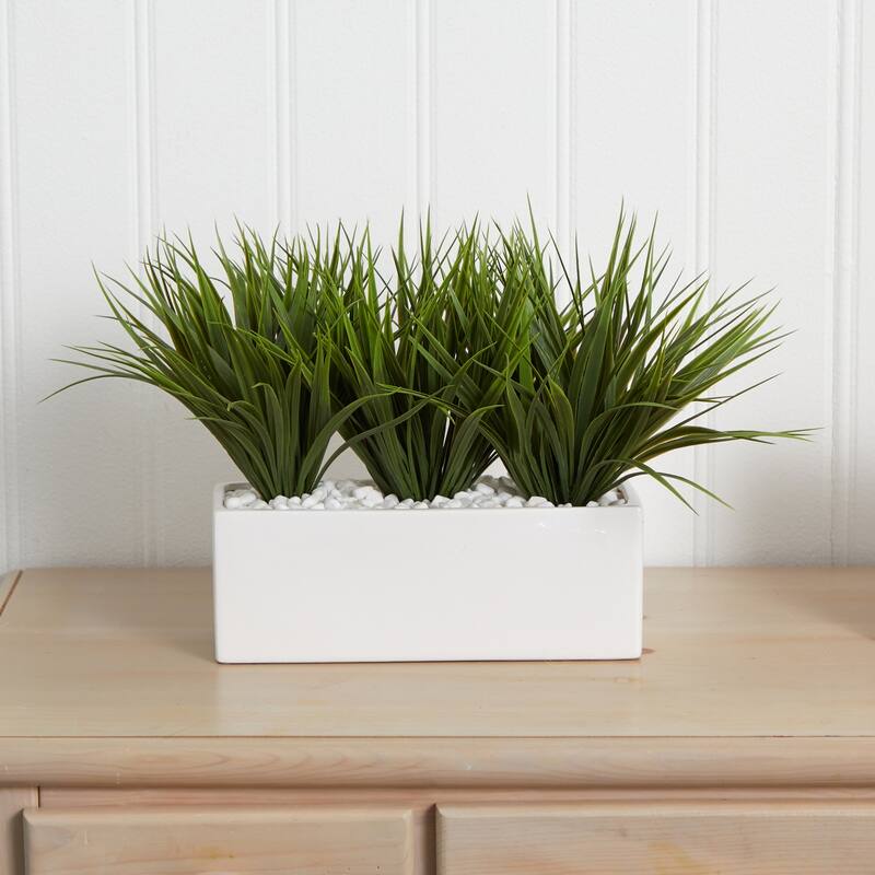 Artificial Grass Planter - Vanilla Grass Rectangle Decor - Modern Home Office Tabletop Planter - Green