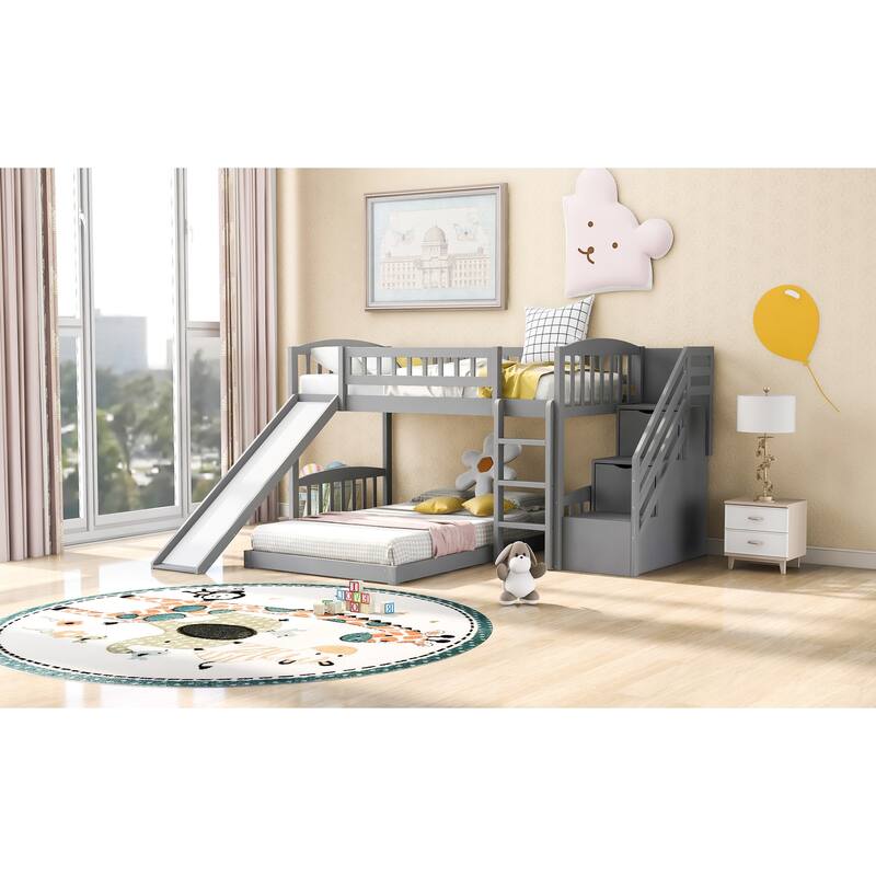 Twin over Twin Bunk Bed with Storage Stairs and Slides, Low Profile Platform Bed, Daybed and Floor Bed Set, No Box Spring Need
