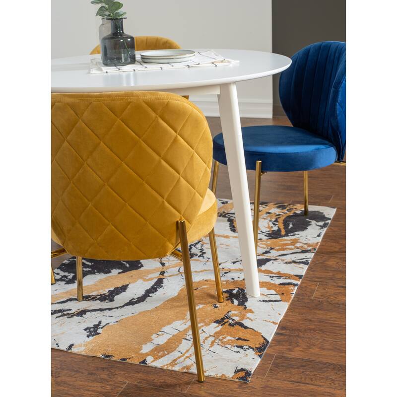 Stylish Dining Set with Round Table & 4 Velvet Yellow Blue Chairs
