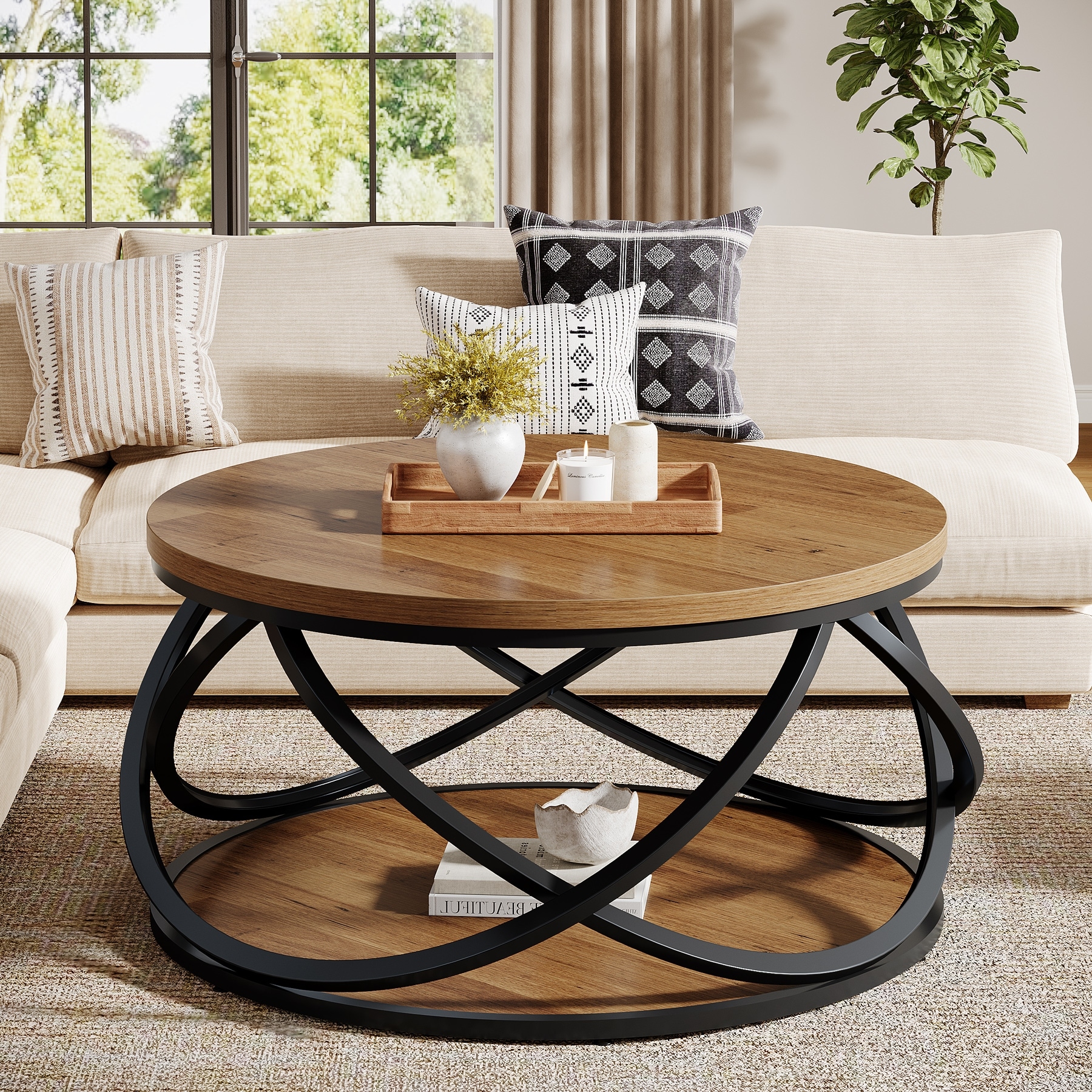 31.5-Inch Round Coffee Table with Storage Shelf