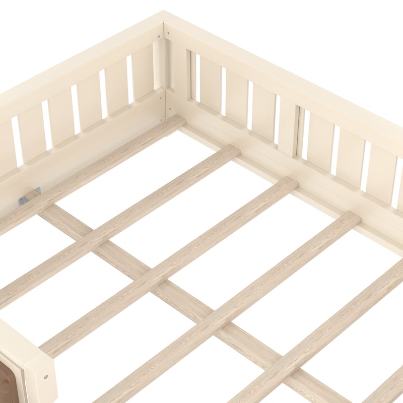 Low Profile Montessori Bed Floor Platform Bed with Fence and Bookshelf
