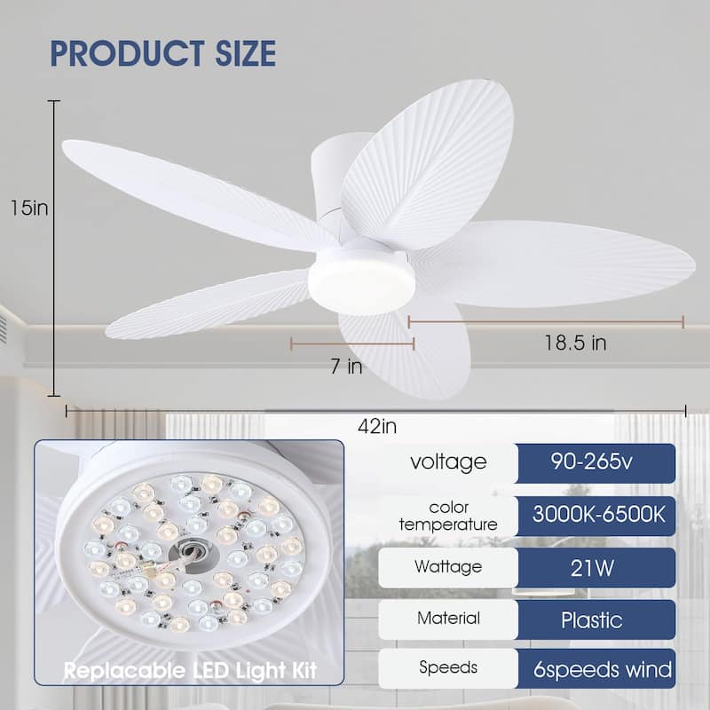 42" Ceiling Fan with Light and Palm Leaf Blades ,3CCT Dimmable LED Integrated,for Indoor and Outdoor - 42 Inches