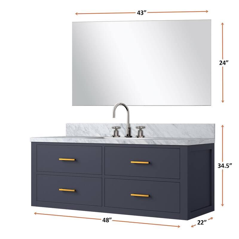 Castor Bath Vanity with Carrara Marble Top, Sink, Mirror and Faucet