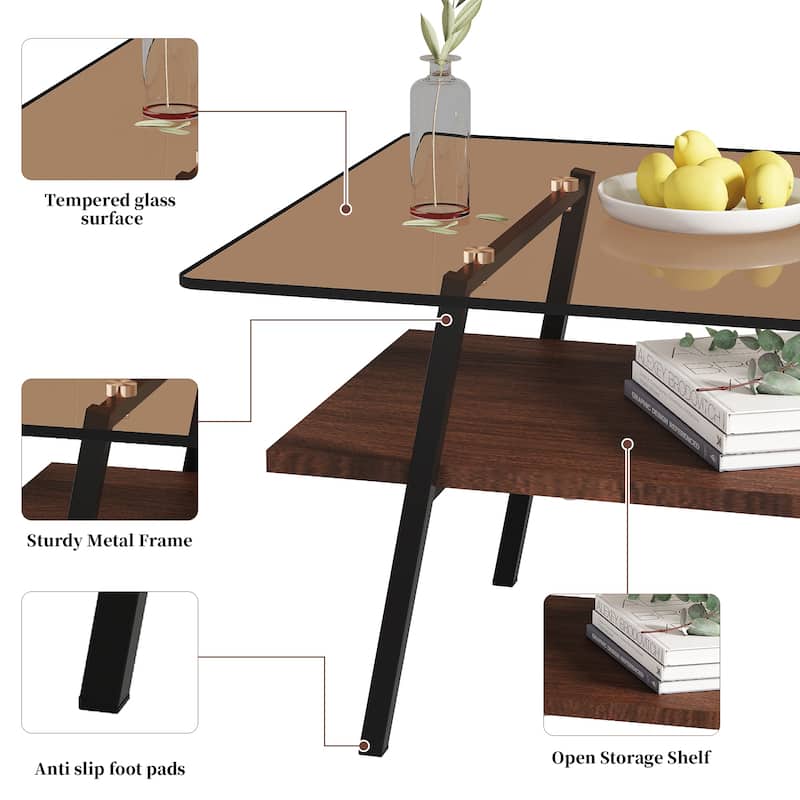 Rectangle Coffee Table with Tempered Glass Tabletop and Metal Legs
