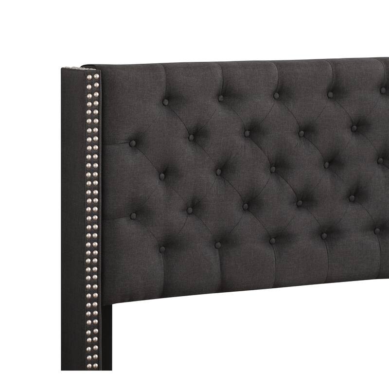 Upholstered Panel Bed - Tufted Headboard, Twill Fabric & Faux Leather - Requires Box Spring