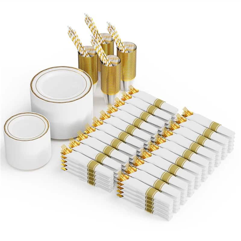 800 Pieces Gold Pre Rolled Napkins Disposable Dinnerware Set