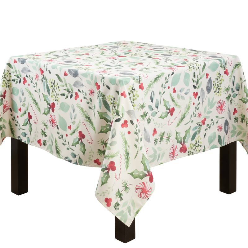 Candy Cane Tablecloth With Christmas Foliage Design