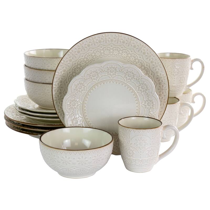 Doily Pattern Stoneware Dinnerware 16 Piece Set in Egg Shell - White - 16 Piece