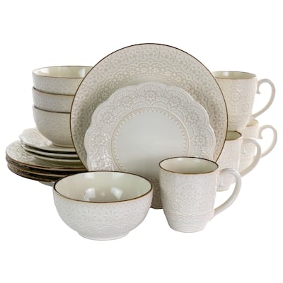 Doily Pattern Stoneware Dinnerware 16 Piece Set in Egg Shell