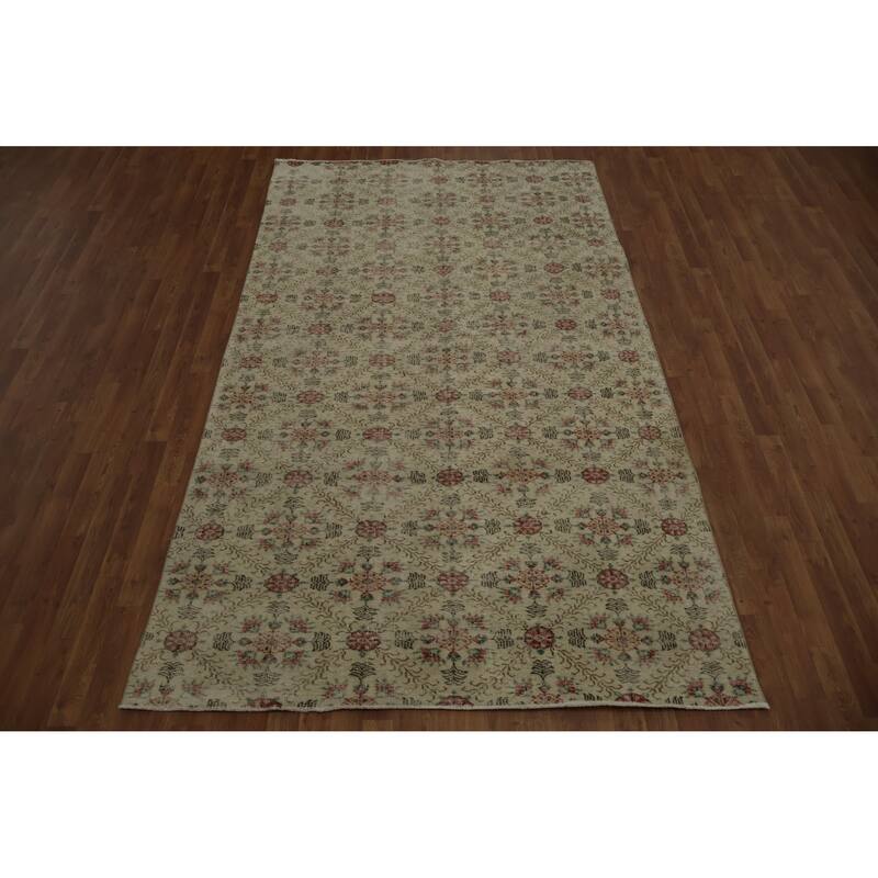 Hand Knotted Oriental 100% Wool Carpet Transitional All-Over Beige & Ivories Anatolian Area Rug - 9' 7'' X 5' 7''