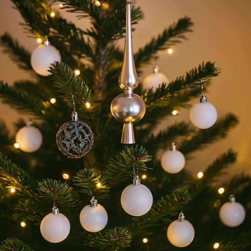 61pc Christmas Ornament Set w Topper, LED String Lights, White Silver