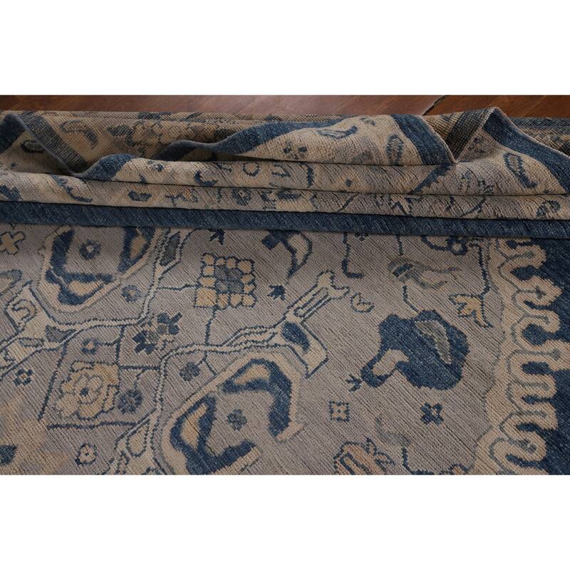 Blue Geometric Oushak Large Rug Hand-Knotted Wool Carpet - 9'10"x 13'10"