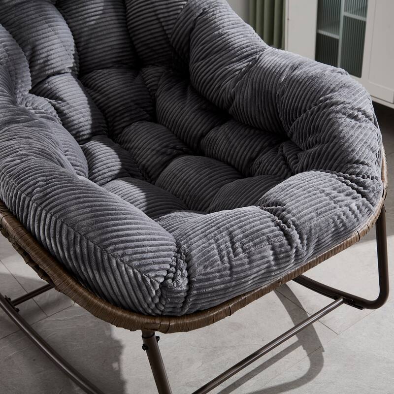 Rattan Rocking Chair with Padded Cushion and Steel Frame Recliner, 250lb Capacity