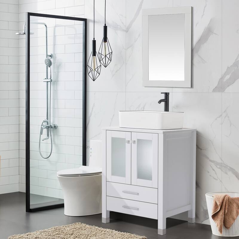 24" Bathroom Vanity with Sink Set Storage Cabinet Combo - White - W-Ceramic black line sink