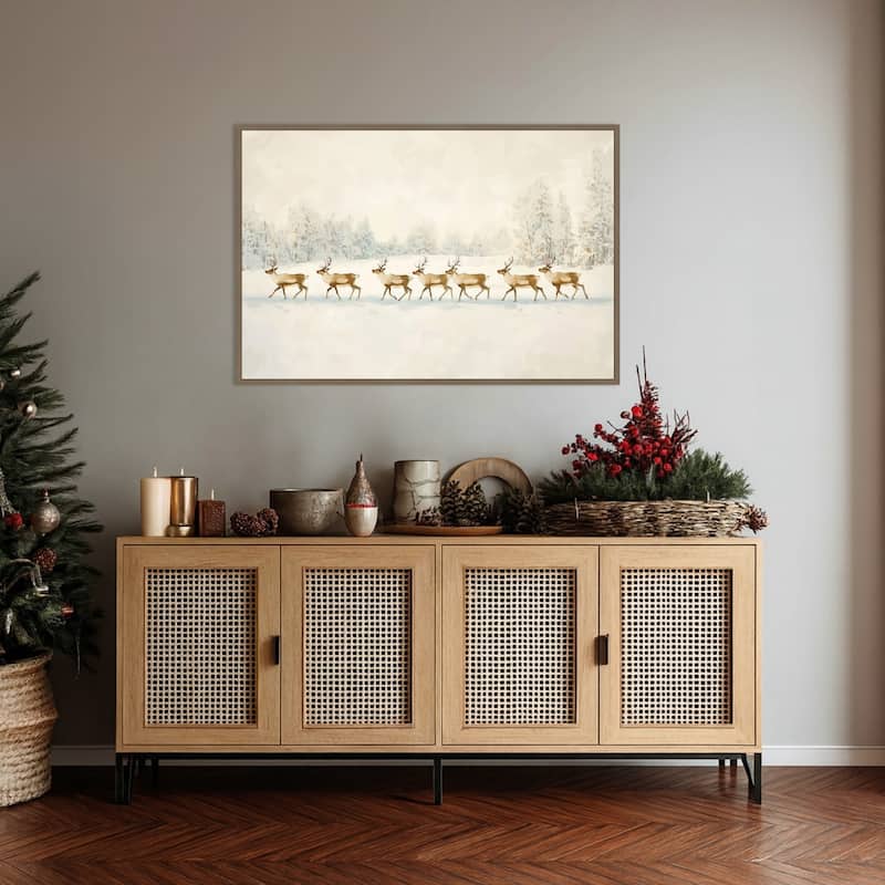 Winter Wonderland: Reindeer Procession by Melloi Art Prints Framed Canvas Wall Art Print - Sylvie Dark Gold